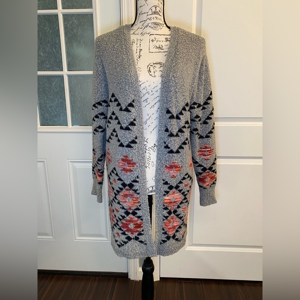No Boundaries Gray Patterned Bouclé Cardigan Sweater Juniors XL/L‎ B